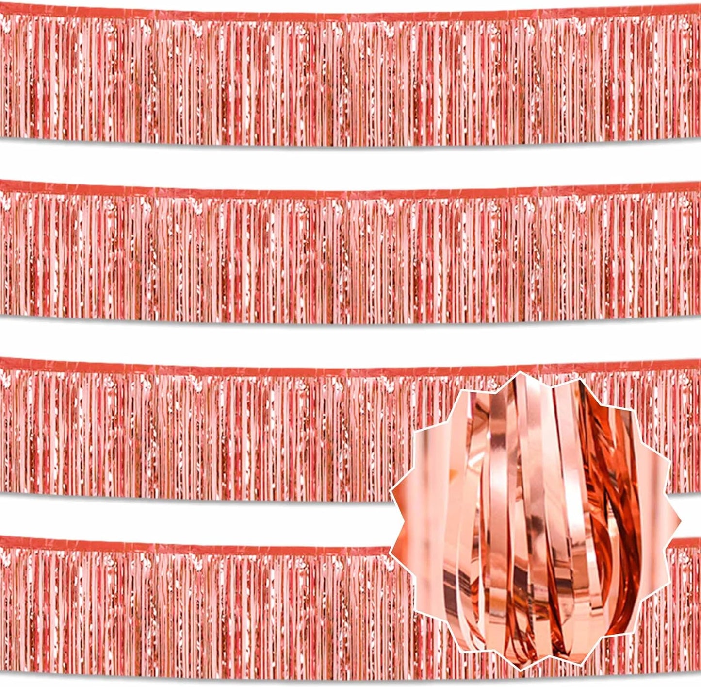 4 Pack 10 Ft Rose Gold Foil Fringe Garland Metallic Streamers Tinsel Banner Wall Hanging Garland Backdrop for Parade Floats, Halloween, Christmas, Thanksgiving, New Year Party Decorations