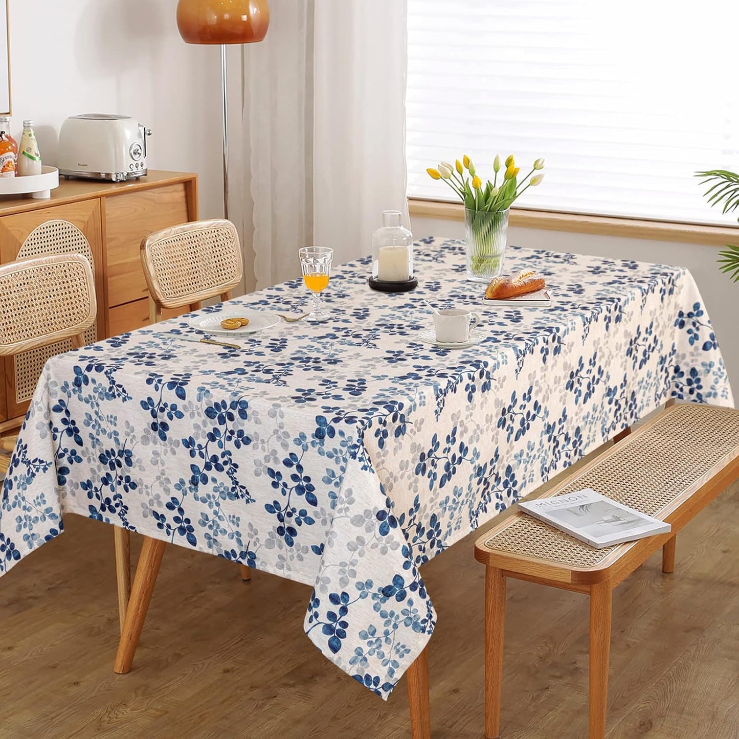 MYSKY HOME Floral Print Rectangle Tablecloth Waterproof Rectangular Table Cloth Linen Farmhouse Tablecloth for Kitchen Dining Spring Leaves Tablecloth for 6 Feet Table，60 x 102 Inches, Blue