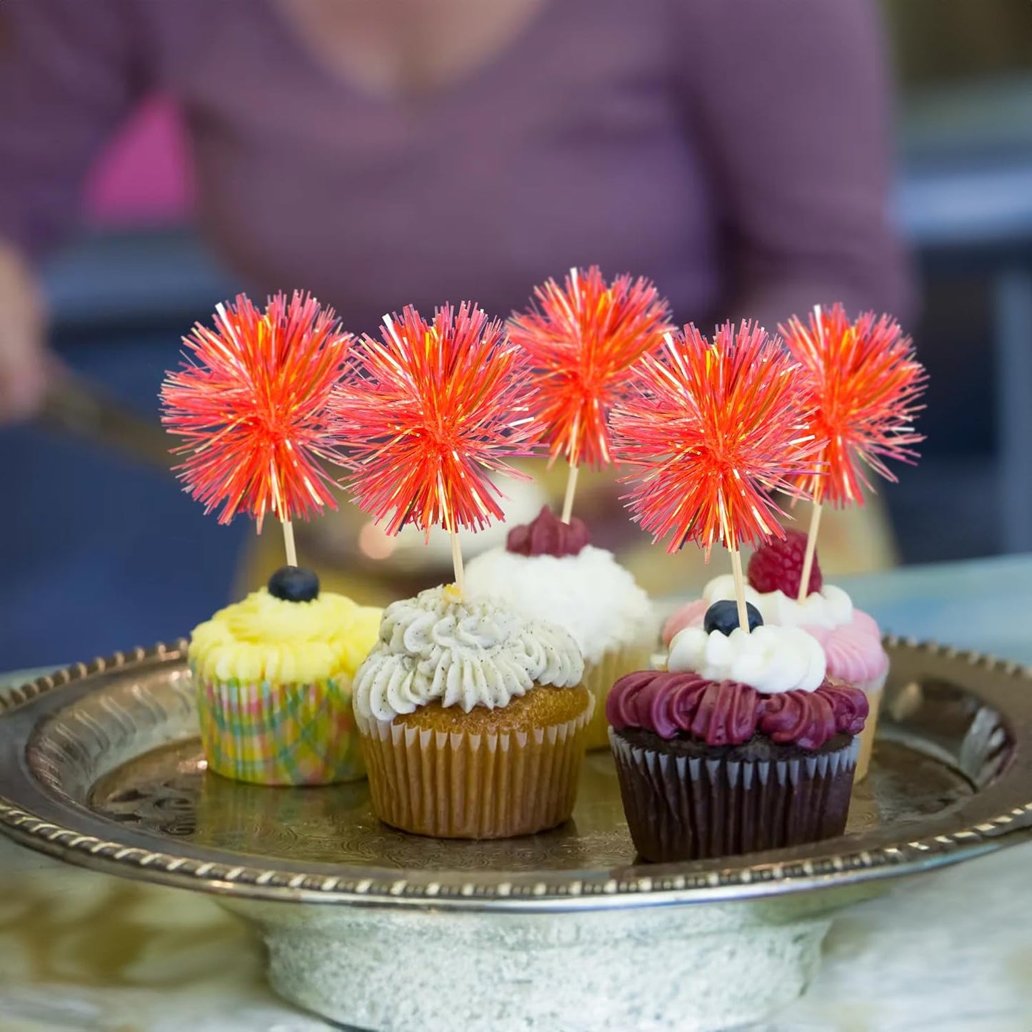 Gyufise 30Pcs Foil Firework Cupcake Toppers Sparkle Tinsel Cake Toppers Tinsel Drink Cake Decoration Cocktail Picks for Birthday Wedding Graduation Party Supplies Dark Orange