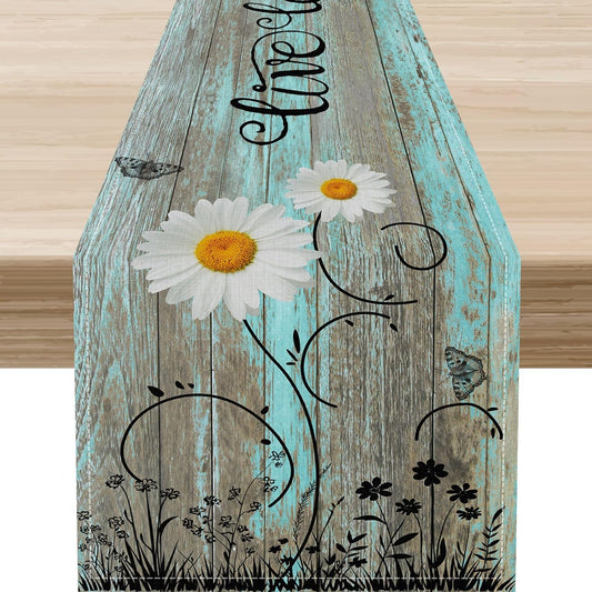 Farmhouse Floral Table Runner, Spring Seasonal Daisy Flower Retro Wooden Country Table Center Decor for Home Kitchen Dining Patio Holiday Party Indoor Outdoor Table Decorations, 13"x36" Inch
