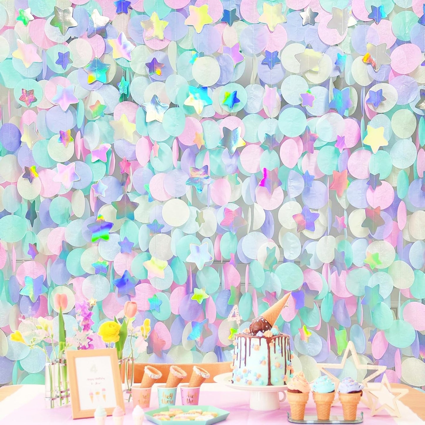 205Ft Pastel Party Decorations Circle Dot Backdrop Streamer Pastel Tissue Paper Polka Dots with Iridescent Star Hanging Garland for Birthday Wedding Bachelorette Engagement Baby Shower Party Supplies