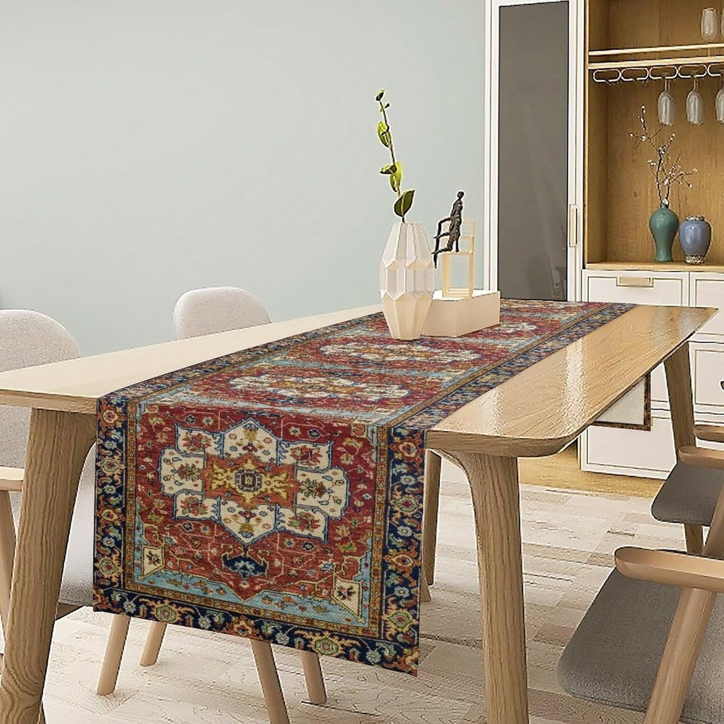 Vintage Boho Floral Table Runner, Rustic Country Farmhouse Red Blue Gold Retro Flower Pattern for Home Kitchen Table Decor Dining Coffee Room Party Decor 13x120in