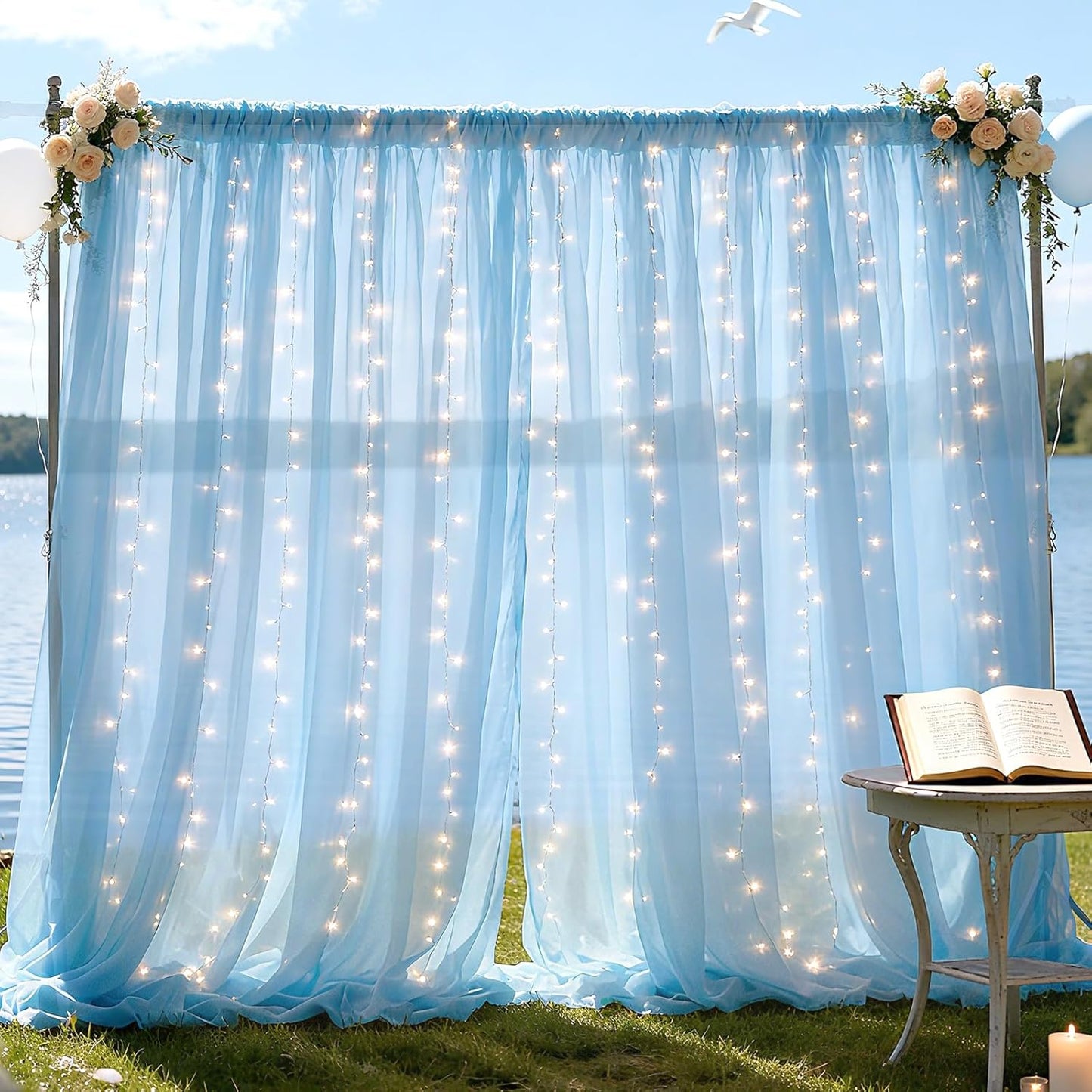 10×8ft Tulle Backdrop Curtains with Lights String - 300LED Fairy Lights Sheer Curtain Backdrop for Weddings Baby Shower and Birthday Party Decorations(6 Panels 5×8ft)