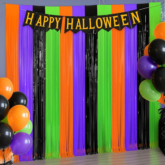 4 Packs Halloween Foil Fringe Curtain, Orange Black Purple and Green Metallic Tinsel Backdrop for Birthday, Baby Shower, Bachelorette, Halloween Party Decorations Favors Supplies Indoor Outdoor