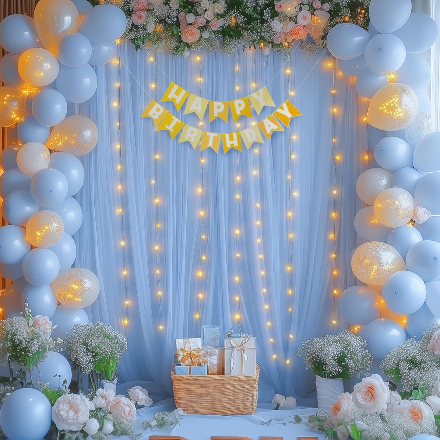 10x10ft Baby Blue Tulle Backdrop Curtains with Lights for Party Wedding Baby Shower, Sheer Wrinkle Free Backdrop Curtains for Birthday Party Photo Booth Background Decoration