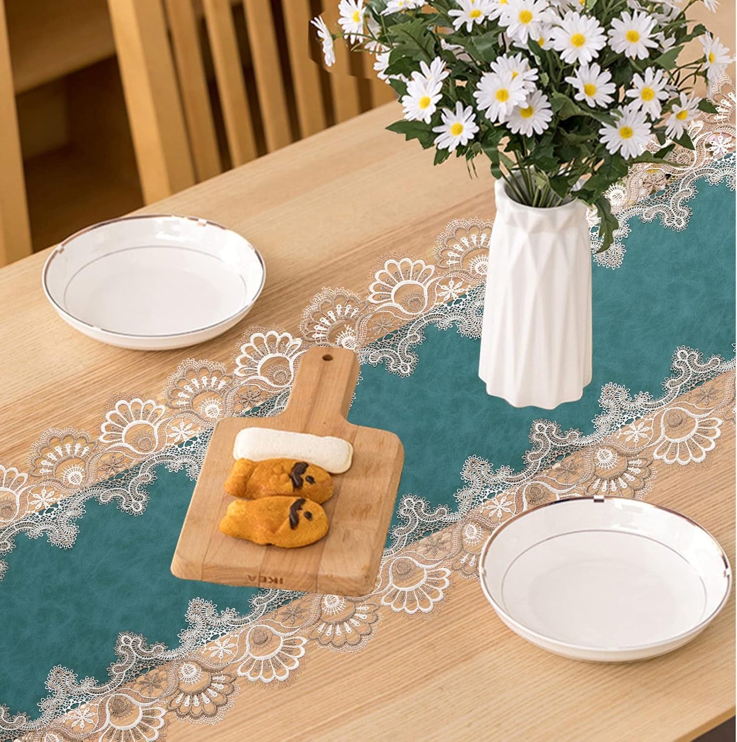 Vintage Lace Dining Table Runner, 120 Inches Floral Coffee Table Runners for Kitchen Home Christmas Party Decorations (16x120 inch, Cyan)