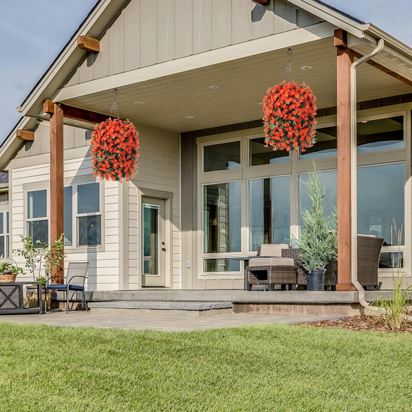 Artificial Fake Fall Hanging Flowers Plants Baskets for Autumn Outdoor Outside, Faux Silk Orange Orchid in Planter UV Resistant for Home Porch Garden Yard Patio Decor