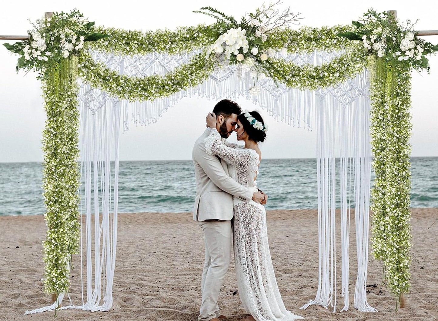 2 Pcs 5.8ft Artificial Baby Breath Flower Vines, Babys Breath Artificial Flowers Real Touch Faux Gypsophila Hanging Fake Baby's Breath Garlands for Wedding and Baby Shower Decor（White）