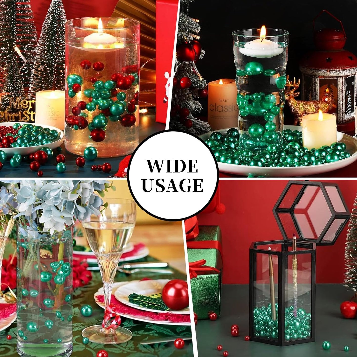 100PCS Green Faux Pearls Beads for Centerpiece Vases, Vase Filler Faux Pearls, No Holes Filler Beads for Party Anniversary Birthday Wedding Table Decor, 14/20/30mm