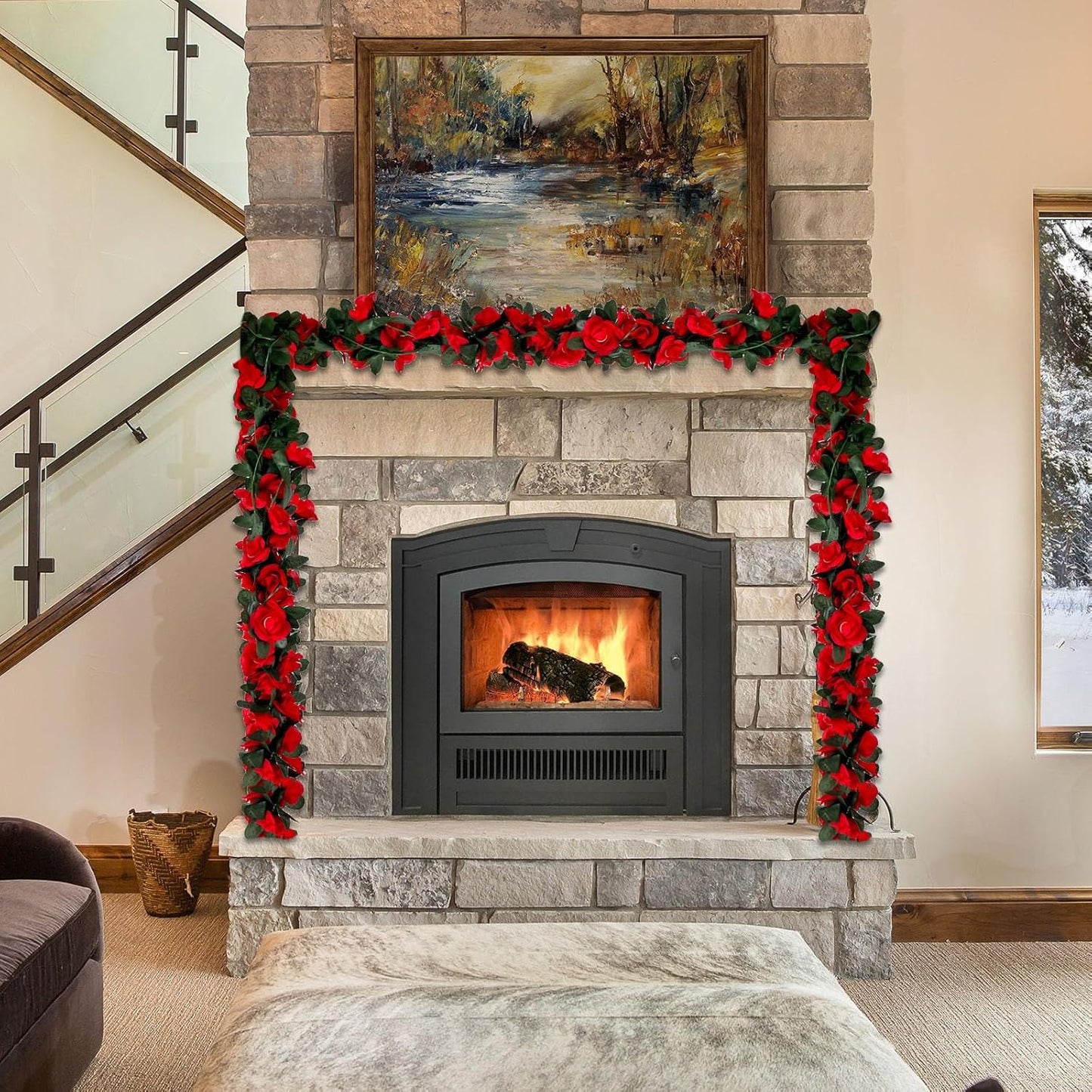 8Pcs 63Ft Red Rose Garland, Fake Rose Hanging Flowers, Artificial Flower Vine, Hanging Floral Vine Garland for Wedding, Birthday Party, Wall Arch, Halloween, Christmas Garden Backdrop Decor