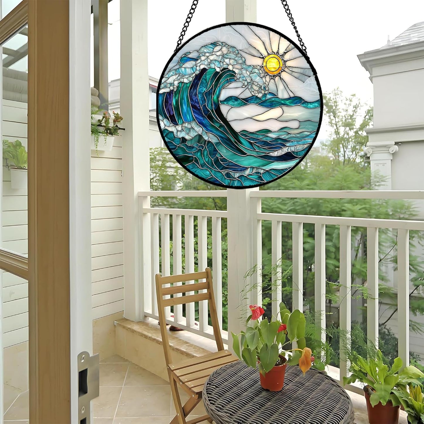 Stained Glass Window Hanging - Blue Green Waves Suncatcher for Door Terrace Garden Home Decor Sunrise Over The Sea Sun Catcher Birthday Gifts for Lovers Women Men Dad Mom Nana7.8 in