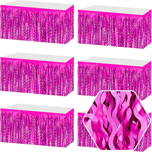 6 Pack 29 x108 Inch Rose Red Wave Foil Fringe Table Skirts Metallic Banner for Tinsel Streamer Garland Backdrop for Parade Floats, Mother's Day, Easter, Wedding, Birthday Party Decoration