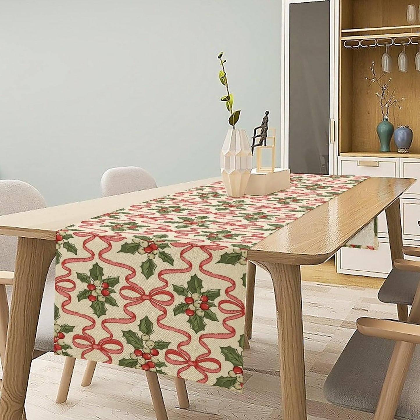 Christmas Table Runner,Xmas Holiday Bowknot Decor Table Cloth Kitchen Dining Table Decoration for Home Party Decor 13x90 Inch