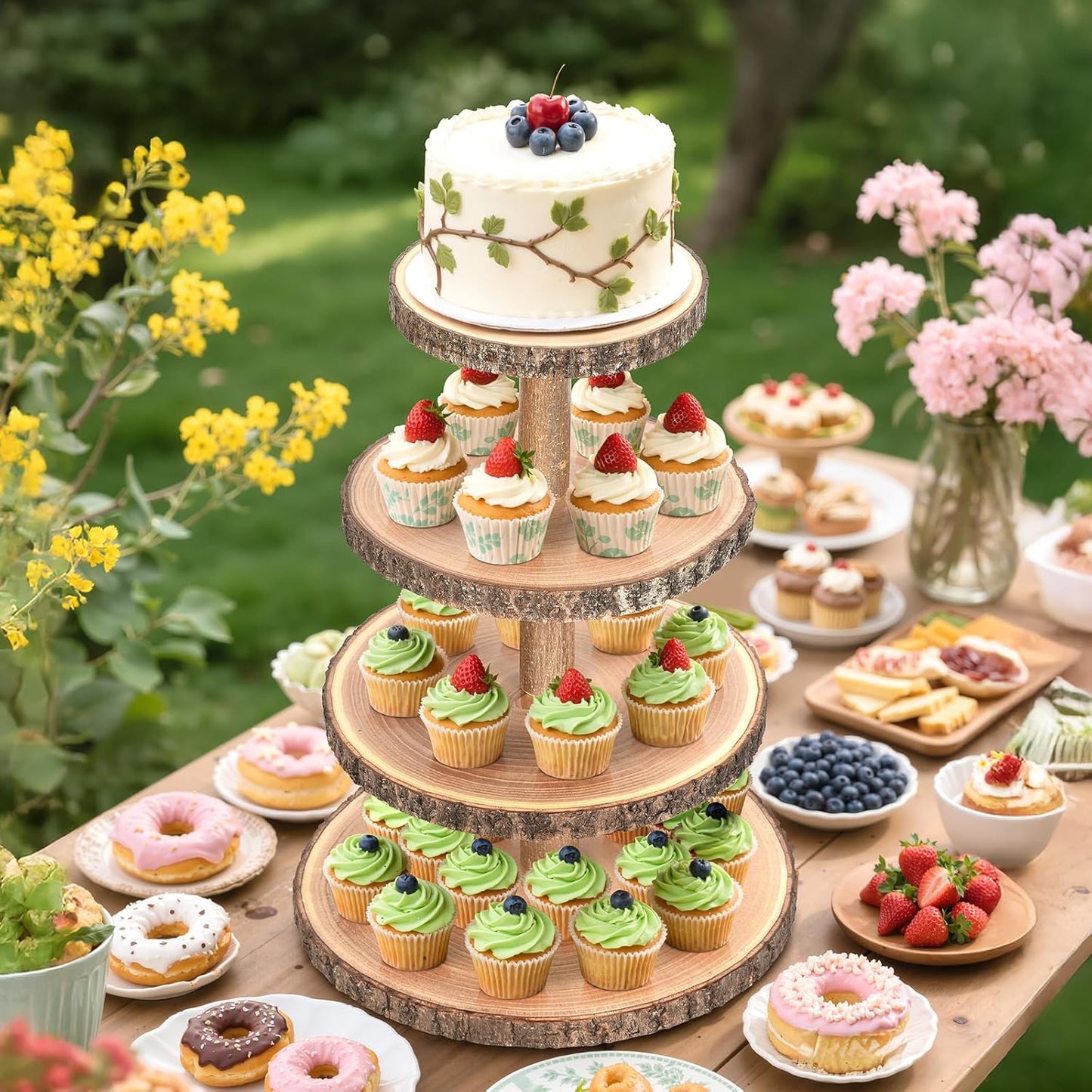 Wooden Cupcake Stand for 50 Cupcakes 4-Tier Dessert Tower Rustic Tiered Display Stand for Woodland Baby Shower Decorations, Farmers Market Decor, Wedding, Birthday, Graduation, Tea Party