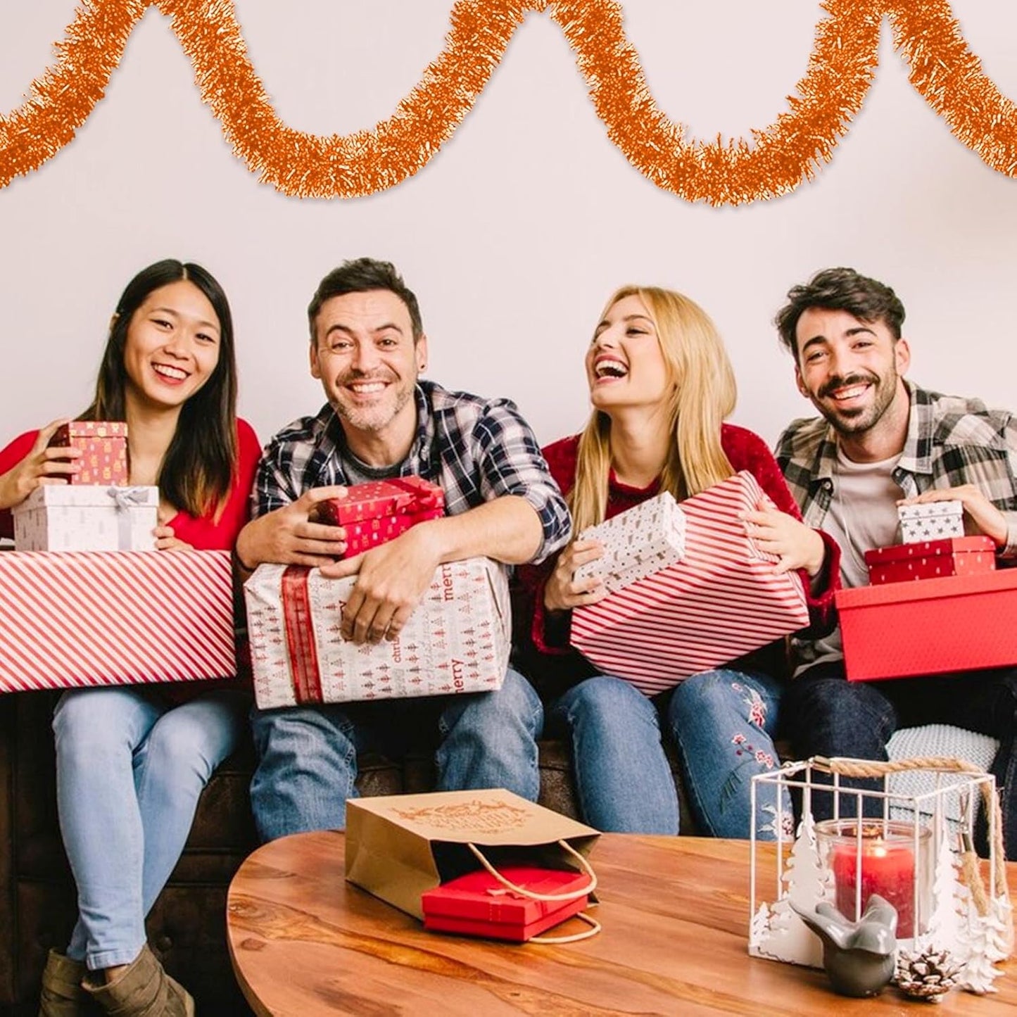 50 Feet Christmas Foil Fringe Banner Metallic Tassle Garland Metallic Backdrop Parade Floats Shiny Hanging Ceiling, Valentine's, Wedding, New Year Party Decorations(2" x 50', Macaron Orange)