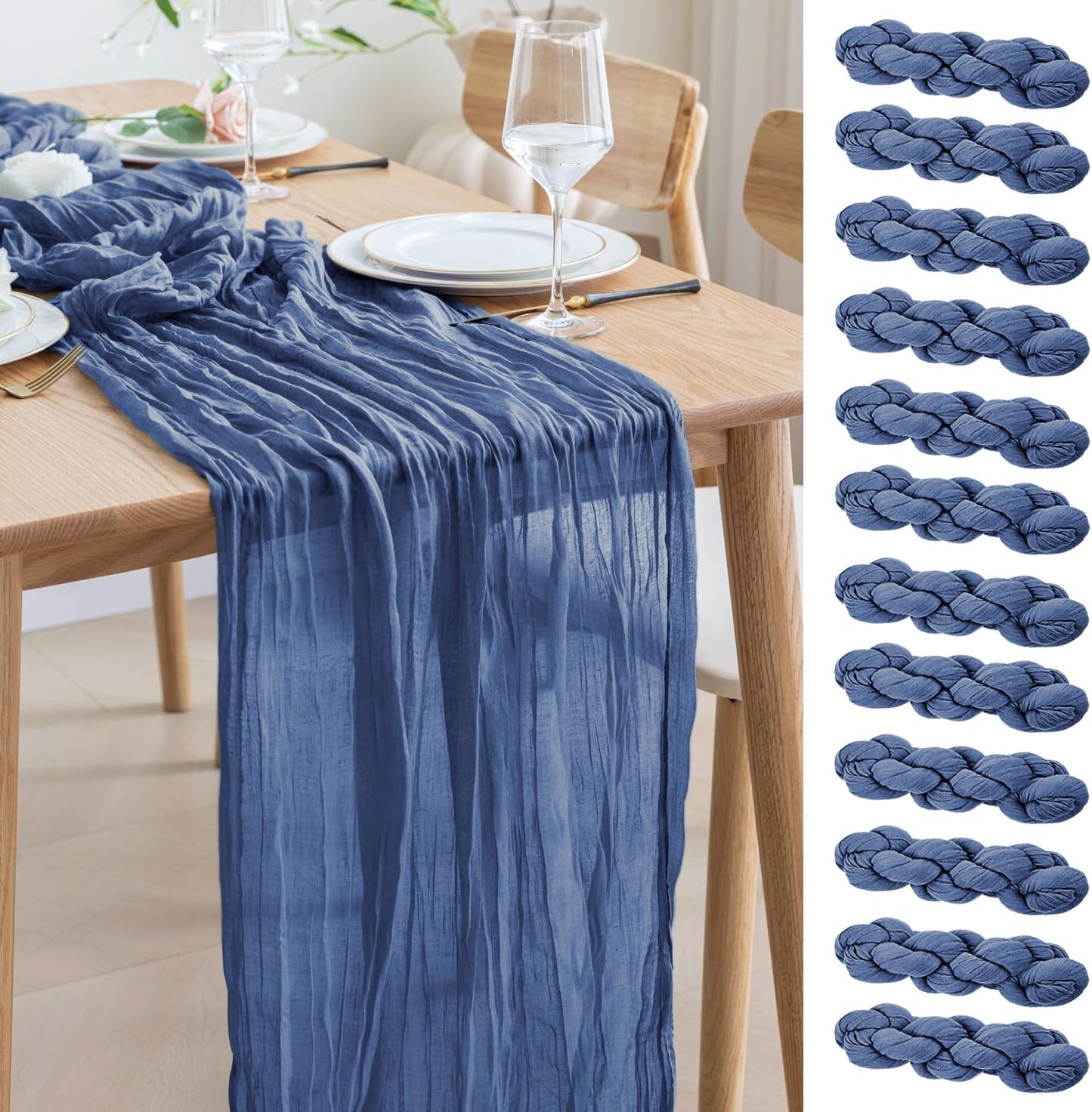 Asee'm 12pcs Cheesecloth Table Runner 120 Inches Long Blue Boho Gauze Cheese Cloth Runner 10FT Rustic Sheer Table Runners for Christmas Wedding Party Baby Shower Spring Easter Decoration
