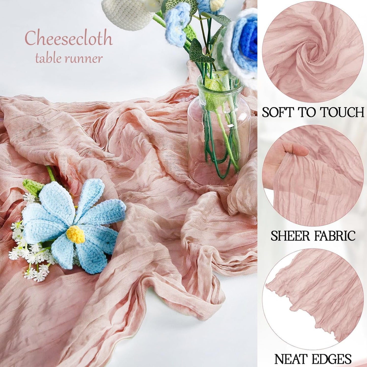 6 Pack Dusty Pink Cheesecloth Table Runner 23x120 inch Rustic Boho Gauze Table Runner 10 FT Long Sheer Cheese Cloth Fabric Table Runners for Romantic Wedding Bridal Shower Birthday Party Decor