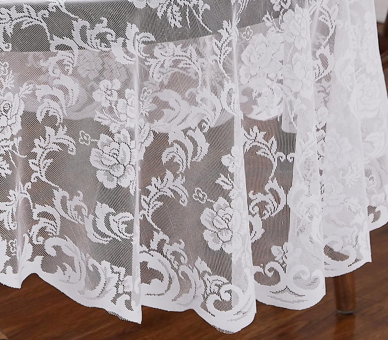 LinenZone White Round Tablecloth for Rustic Vintage Decor. Sheer Lace Works Great As Wedding, Thanksgiving or Christmas Tablecloth (Mia 70 Round, White)