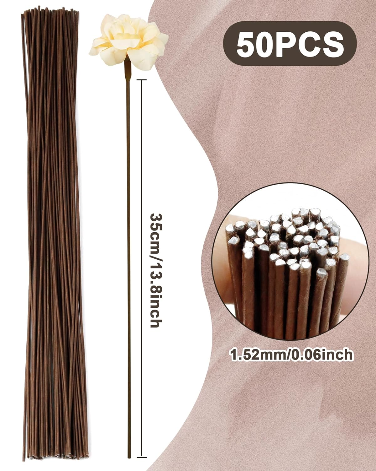 50 PCS FIVEIZERO 16 Gauge Brown Floral Wire Stems for Artificial Flower Making,Florist Wire,Flower Wires for Crafts,Alambre para Flores for Wreaths, Flower Arrangements and DIY Projects