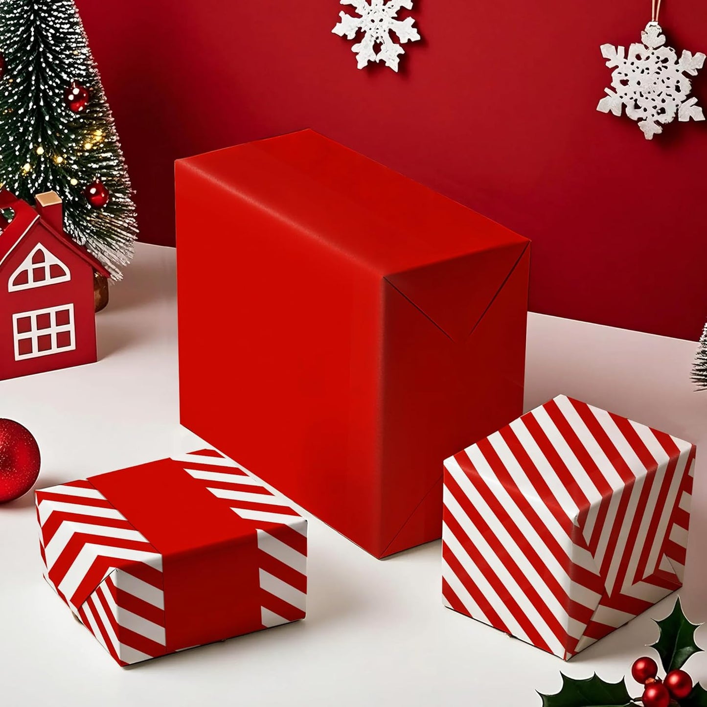 WRAPAHOLIC Reversible Wrapping Paper - Mini Roll - 17 Inch x 33 Feet - Red and Stripes Design for Christmas, Birthday, Holiday, Wedding, Baby Shower