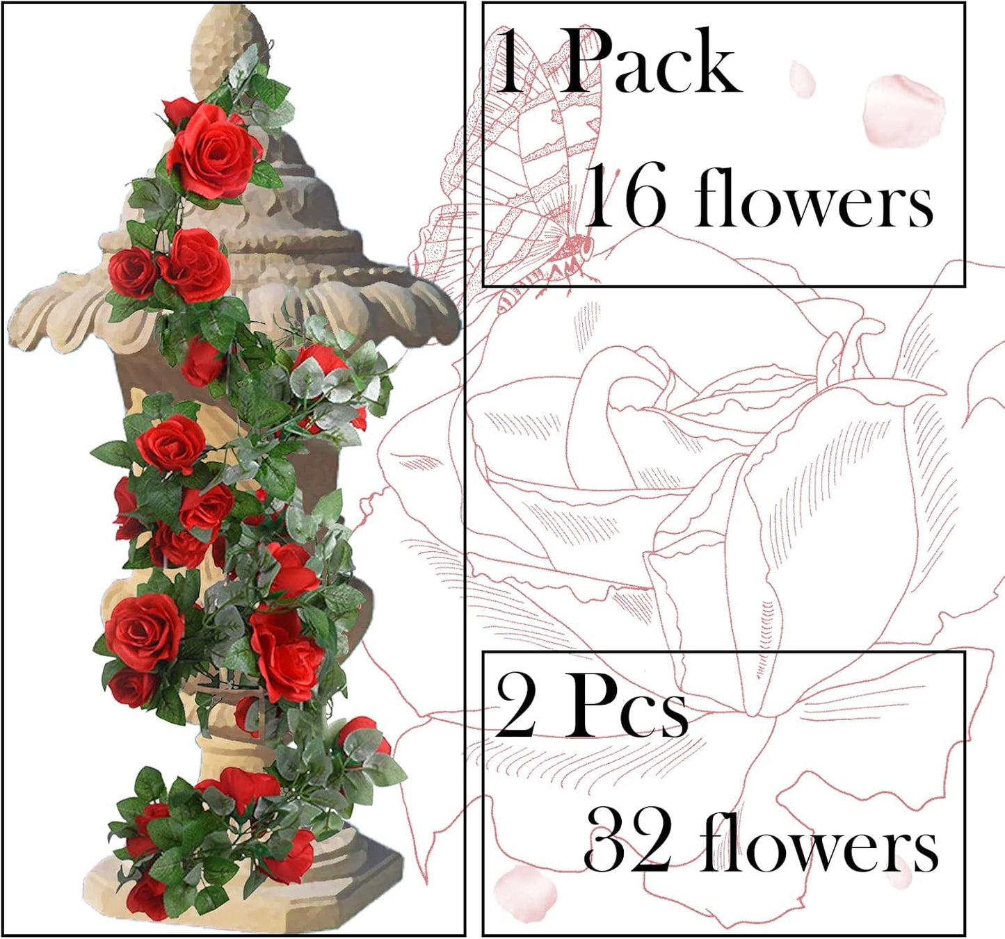 2 Pack Artificial Rose Vine Garland Fake Roses Flowers Plants Vines Hanging Floral Leaves Decoration for Wedding Party Table Garden Arch Wall Home Room Decor(Red)