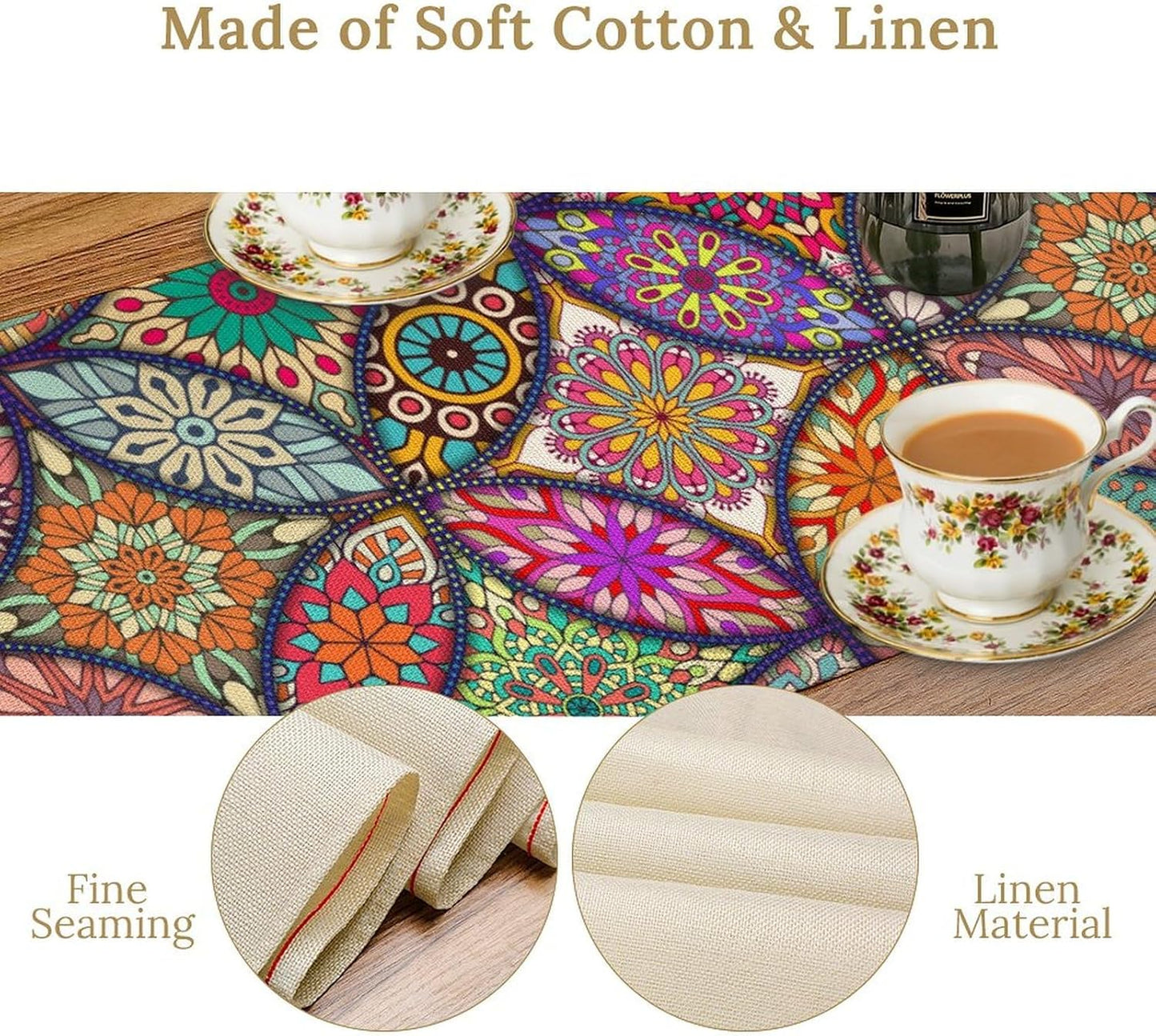 Boho Floral Table Runner,Colorful Flower Retro Bohemian Table Cloth Kitchen Dining Table Home Party Decoration 13x72 Inch