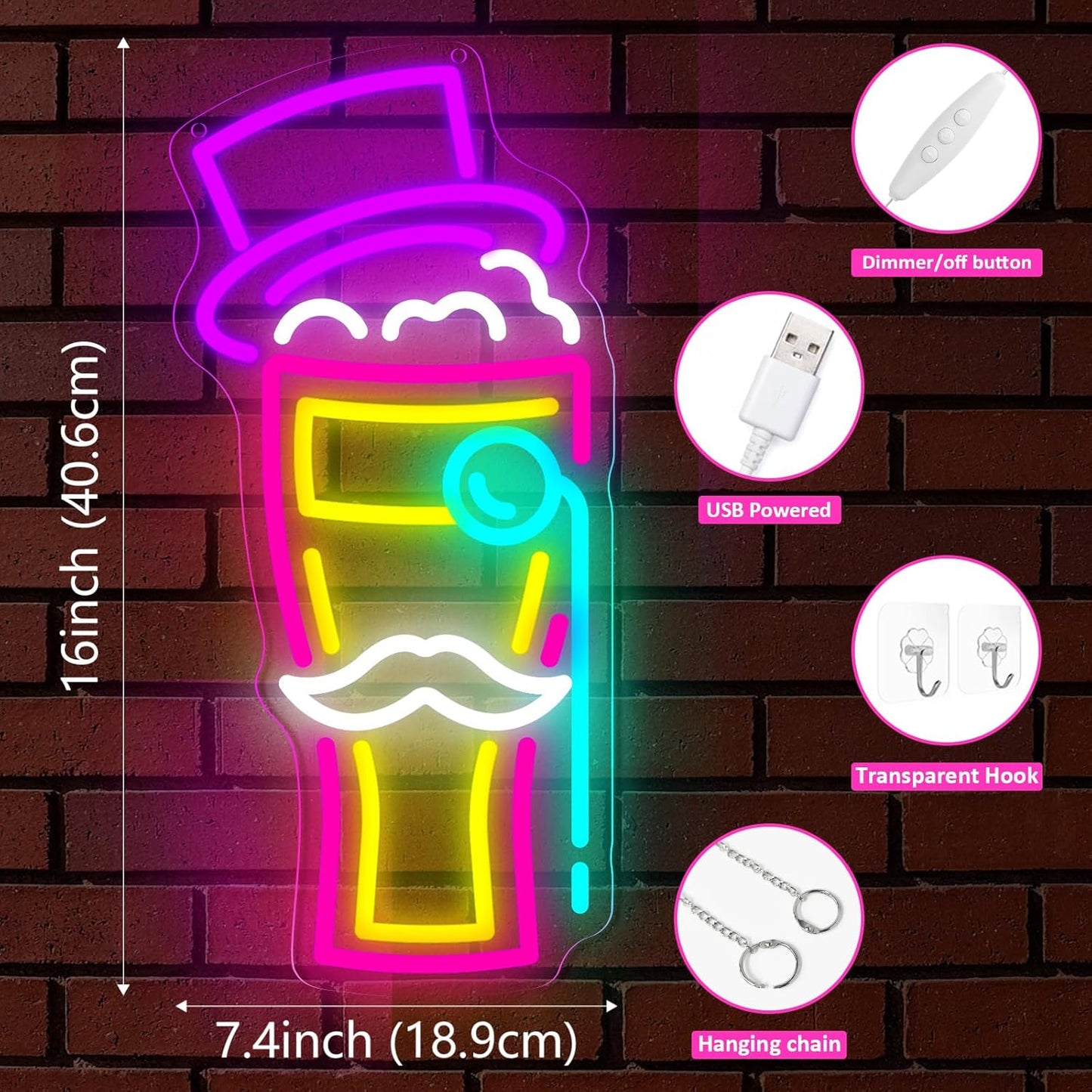 BEER Neon Sign for Wall Decor, Gentleman Neon Bar Signs for Home Bar Pub Party Man Cave Club, Neon Beer Light with Dimmable, Beer Signs Decoration USB Powered with Switch