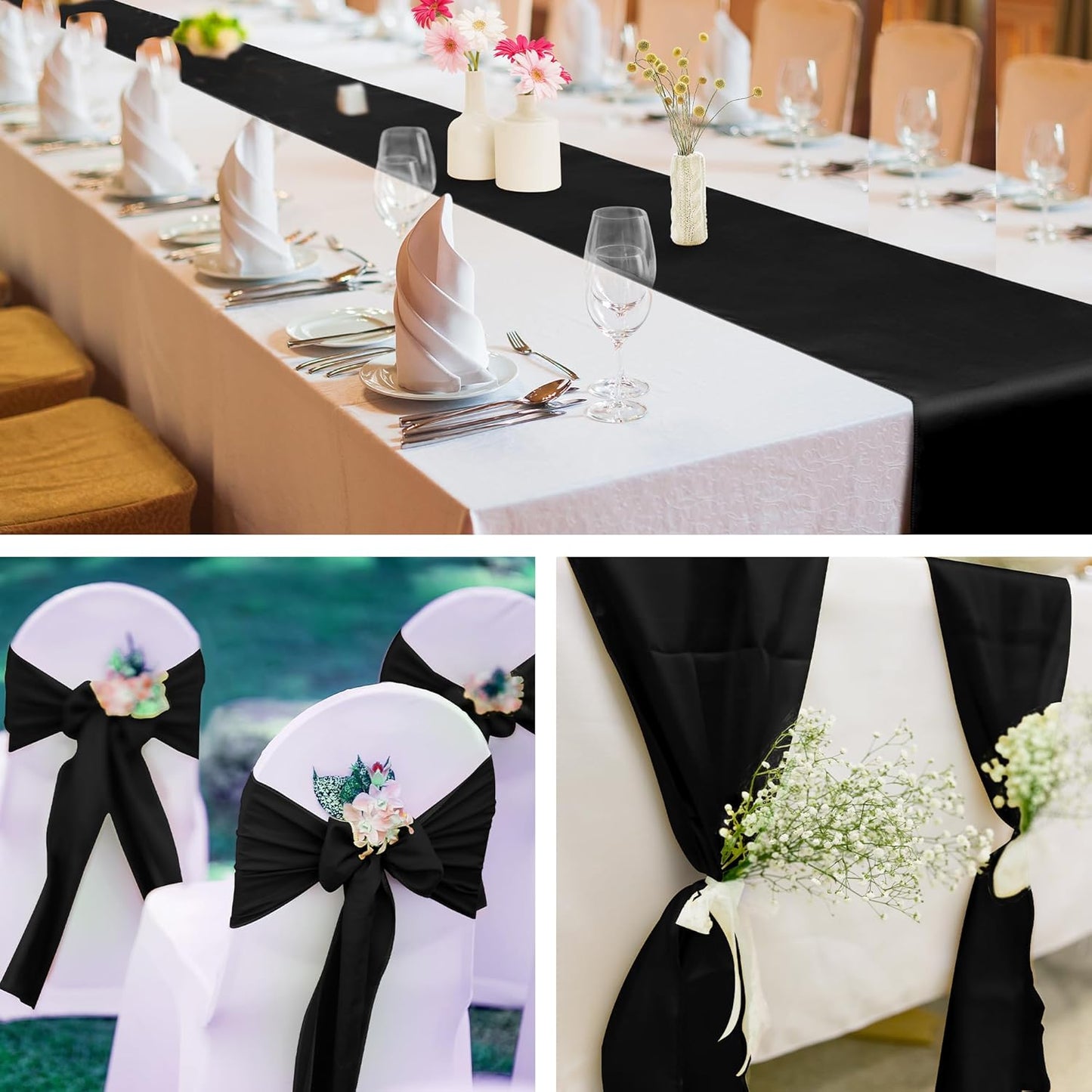 Aneco 12 Pack Satin Table Runner 12 x 108 Inch Black Long Wedding Satin Silk Table Runner for Wedding Banquet Graduations Birthday Party Decoration