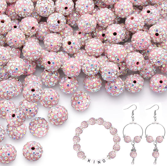 100pcs 10mm Rhinestone Beads for Jewelry Making, Pink AB Shiny Round Shamballa Disco Beads Bulk, Sparkle Crystal Clay Christmas for Bracelet Baseball Necklace Earring Crafting and DIY