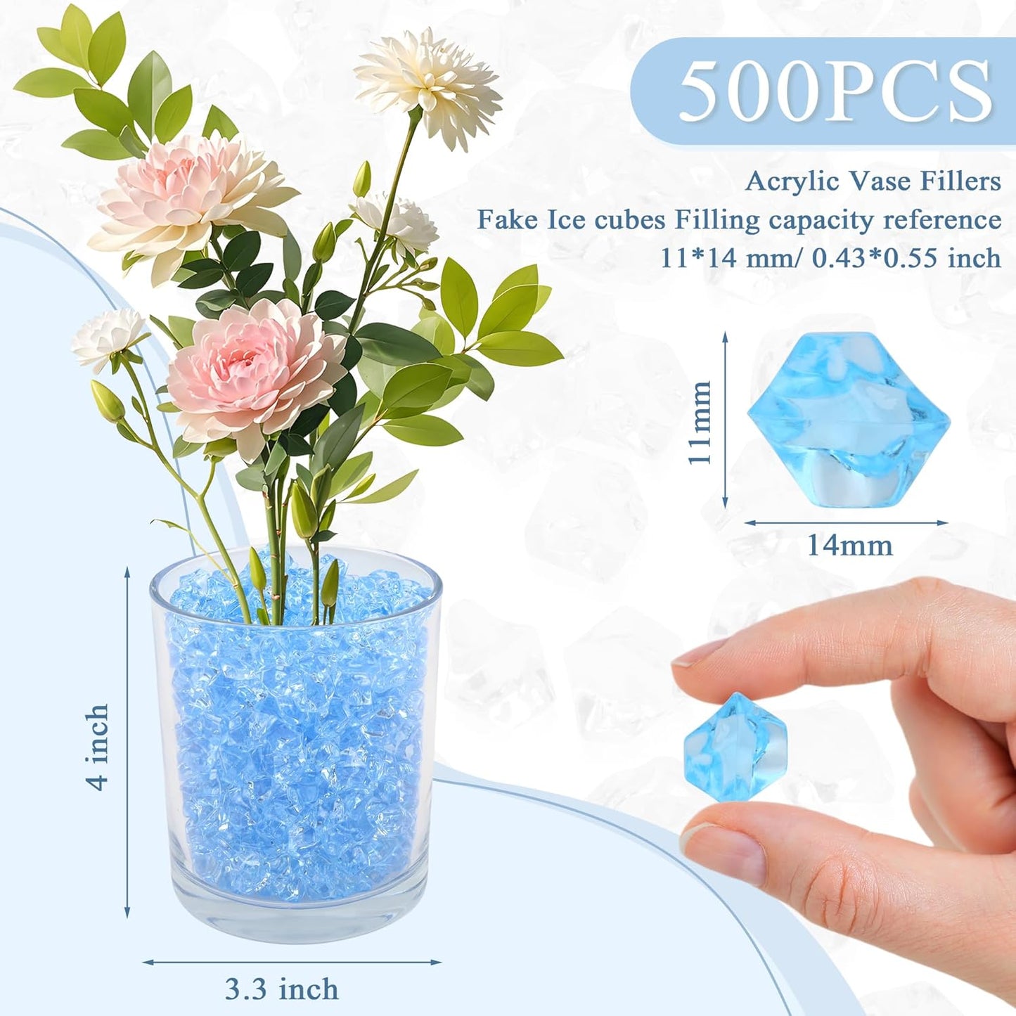 YATOJUZI 500pcs Fake Ice Cubes Sky Blue Acrylic Crushed Rocks Vase Fillers Plastic Diamonds Gems for DIY Party Wedding Centerpiece Table Scatter Prop Display 0.5" (Only Sky Blue)