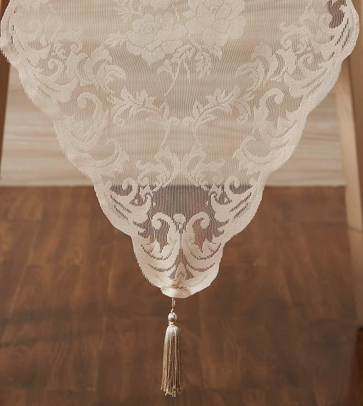 LinenZone Linen Table Runner with 2 Tassels for Rustic Vintage Decor. Lace Table Runner Works Great As Wedding, Thanksgiving, Christmas Decor (Mia 14 x 72, Linen)