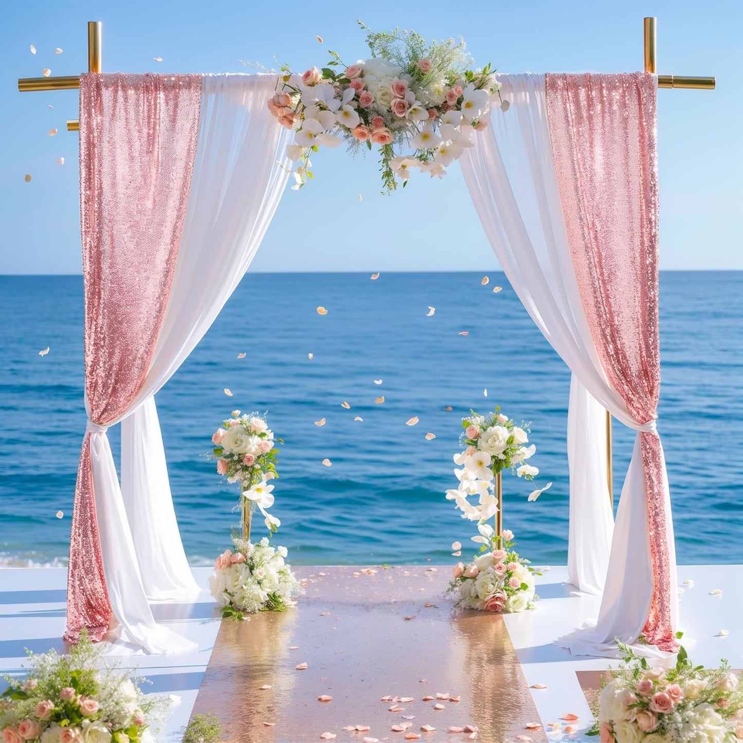 Wedding Arch Draping Fabric, 1 Panel 28" x19ft White Arch Drapes & 1 Panel 16" x19ft Rose Gold Sequin Fabric Drapes Arbor Backdrop Curtain for Wedding Arch Ceremony Bridal Shower Reception