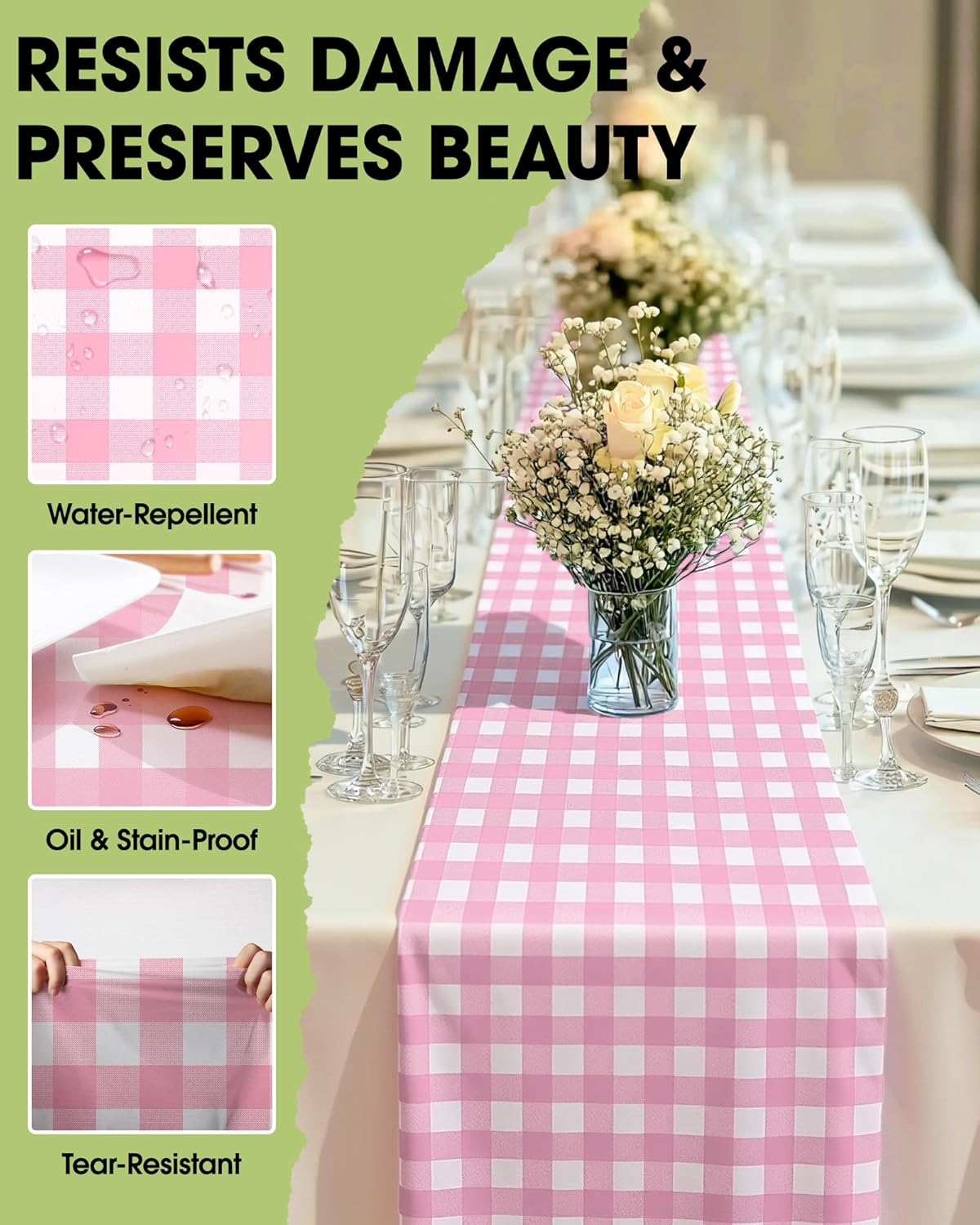 Pureegg Gingham Plastic Table Runners - 10 Pack, 14'' x 108'', Water Resistant & Disposable Plaid Centerpiece Decorations for Table Cloth, Birthday, Holiday, Party, Pink and White Checkered Home Decor