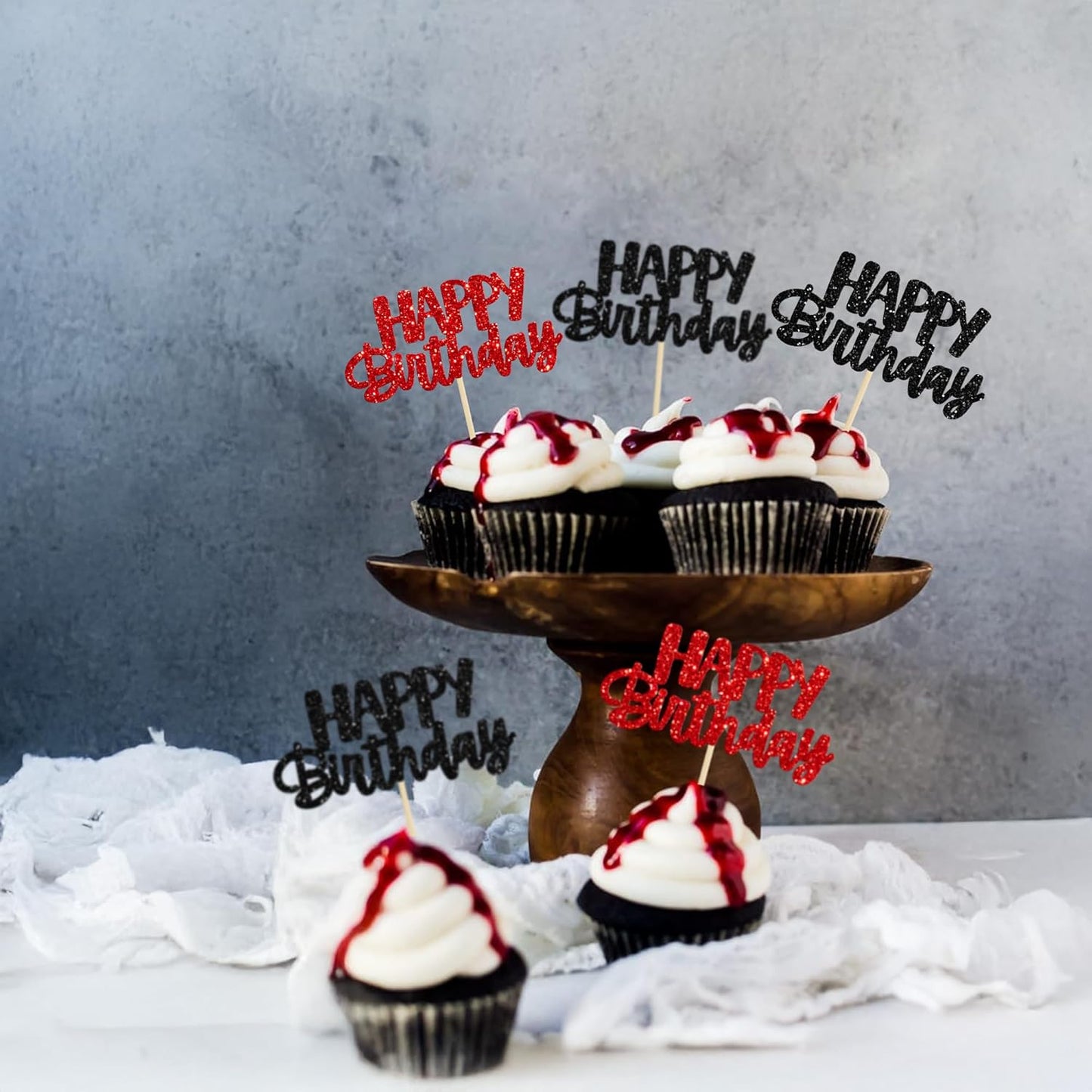 Gyufise 24Pcs Happy Birthday Cupcake Toppers Glitter Birthday Cupcake Food Picks for Celebrating Happy Halloween Theme Party Cake Decorations Supplies Black Red