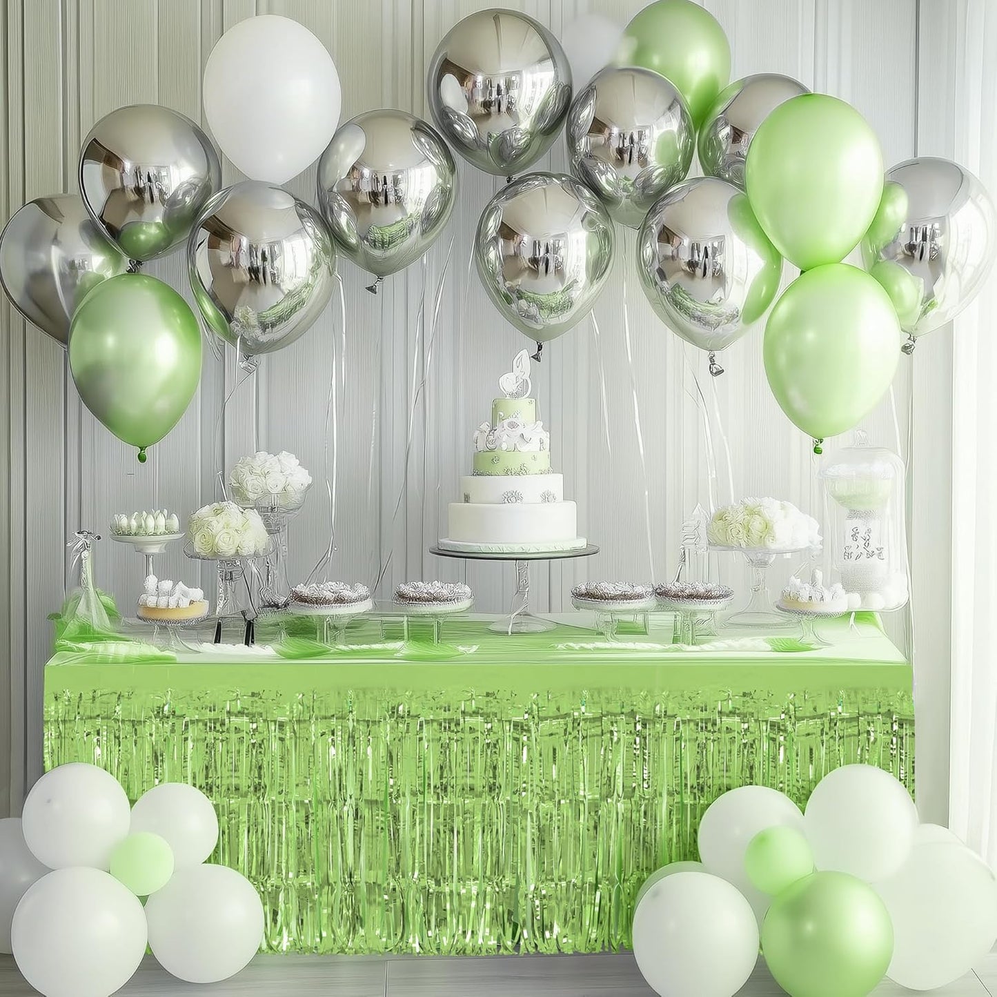 1 Pack Light Green Table Skirts, 29x108" Metallic Foil Tinsel Fringe Table Skirts for Rectangle Tables Streamer Curtains Backdrop, Party Decorations for Birthdays Weddings Holidays
