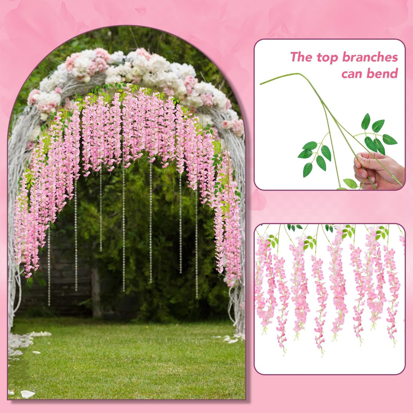 Wisteria Hanging Flowers,Fake Hanging Flowers,Wisteria artificiales Garland for Home Wedding Arch Floral Party Garden Ceremony Outdoor Decor,3.6 feet Long(48,Pink)