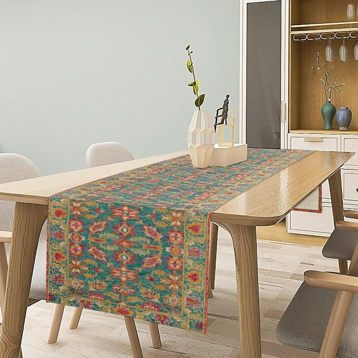 Vintage Boho Floral Table Runner, Rustic Country Farmhouse Teal Red Purple Flower Pattern for Home Kitchen Table Decor Dining Coffee Room Party Decor 13x36in