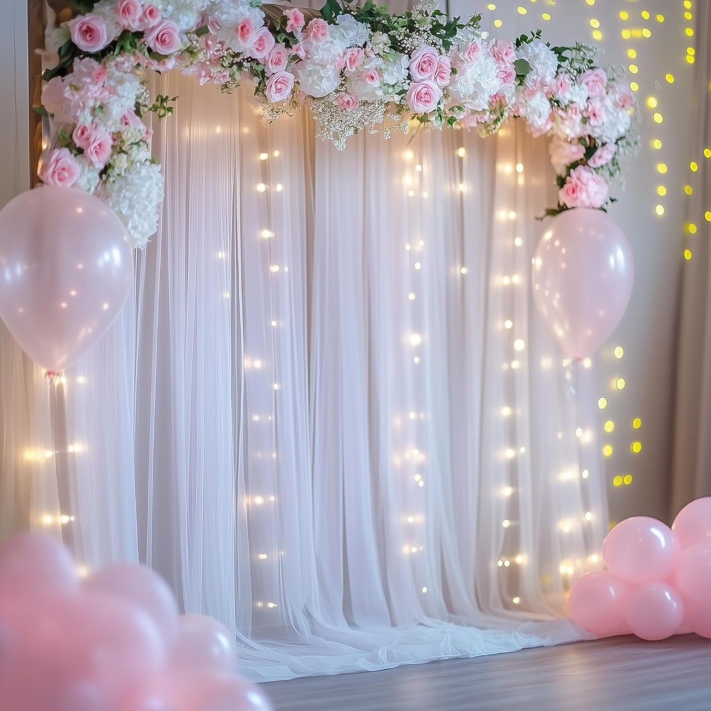 Tulle Backdrop Curtain with Lights String 10FT X 8FT White Sheer Tulle Backdrop Curtains for Wedding Birthday Party Reception Photo Booth Background Decorations (2 Panels 5x8FT)