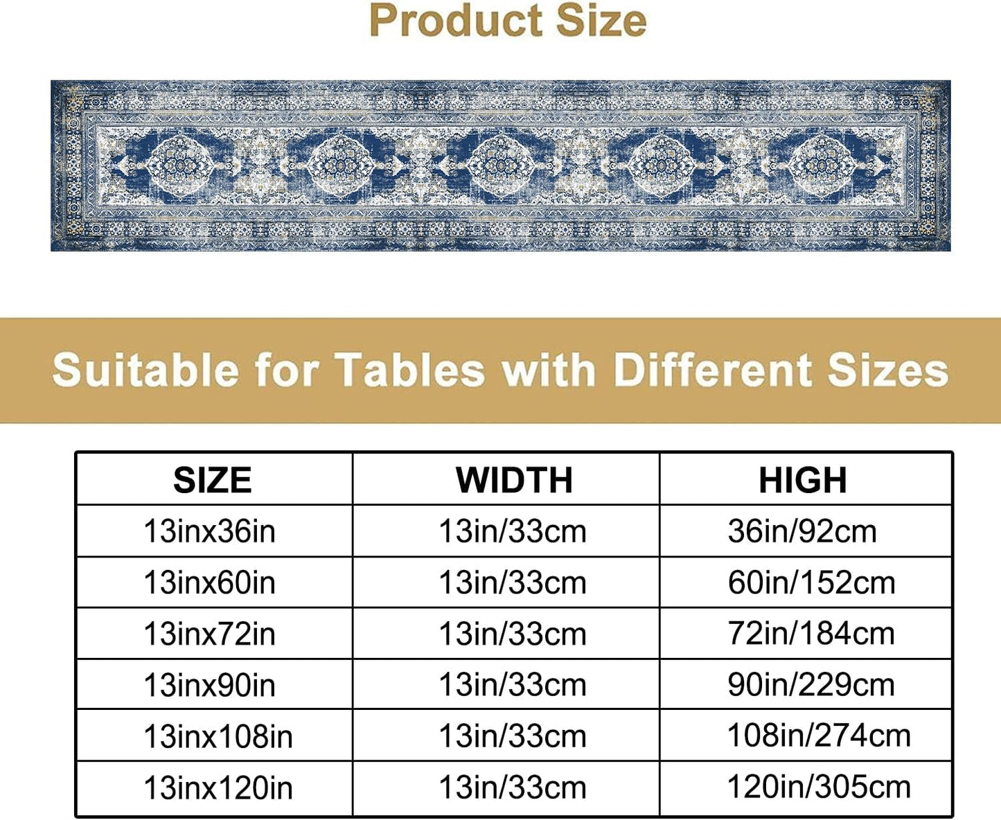 Vintage Boho Floral Table Runner, Rustic Country Farmhouse Blue Teal Retro Flower Pattern for Home Kitchen Table Decor Dining Coffee Room Party Decor 13x60in