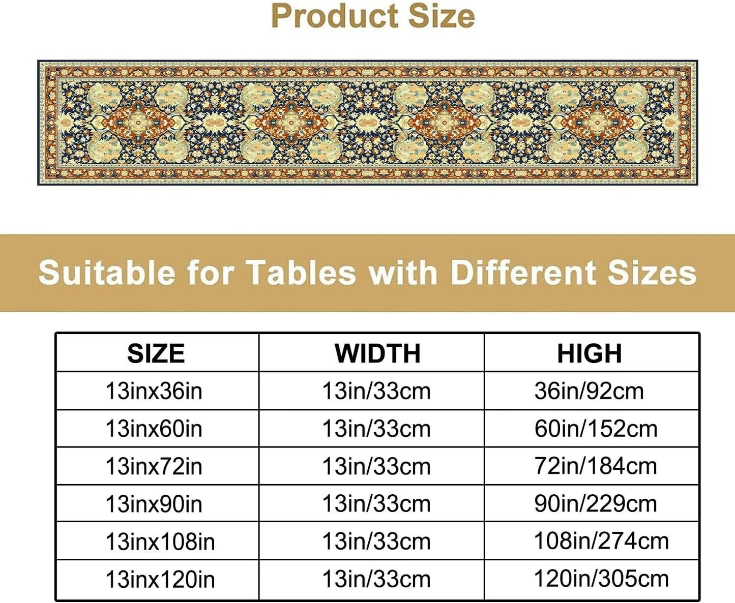 Vintage Boho Floral Table Runner, Elegant Luxurious Rustic Country Farmhouse Navy Blue Gold Retro Flower Pattern for Home Kitchen Table Decor Dining Coffee Room Party Decor 13x72in