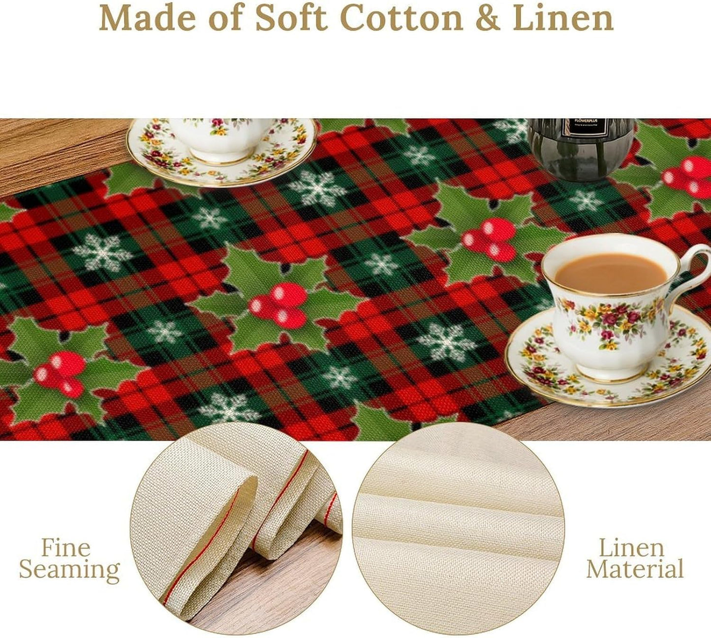 Christmas Table Runner, Red Check Plaid Winter Xmas Holiday Table Cloth Kitchen Dining Table Decoration for Home Party Decor 13x36 Inch