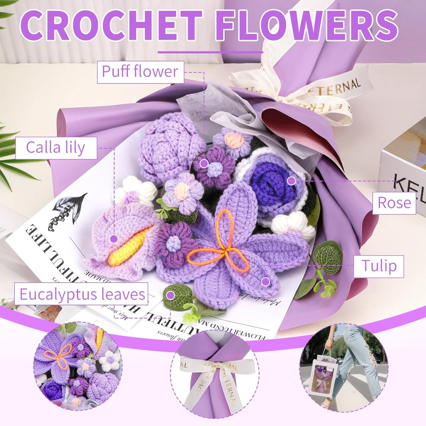 Crochet Flowers Bouquet, Handmade Knitting Crochet Flowers, Tulips Flower and Calla Lily Bouquet for Birthday, Teacher’s Day, Graduation, Valentines (Purple)