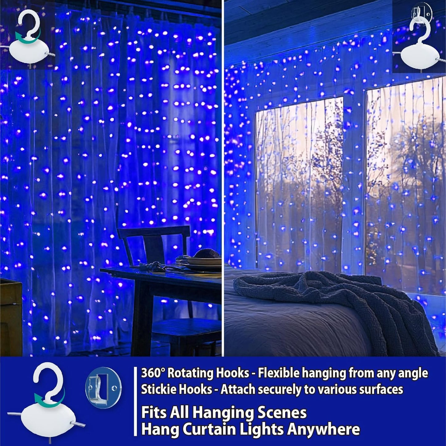 HXWEIYE 300LED Fairy Curtain Lights, 9.8x9.8Ft USB Plug-in 8 Modes Christmas String Hanging Lights with Remote for Bedroom Backdrop Wedding Party Indoor Wall Decor, Blue