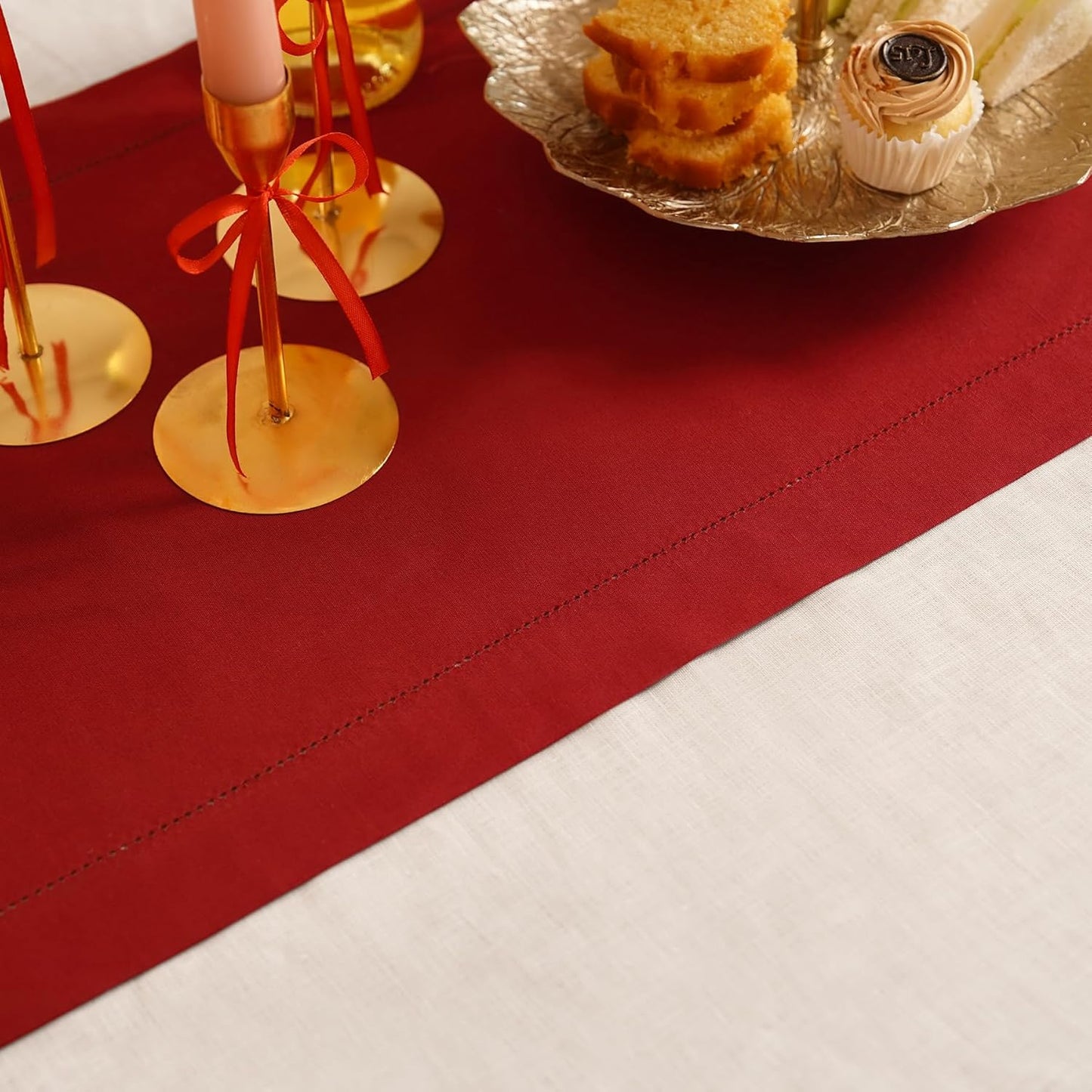 Red Table Runner 48 Inch – Cotton Linen Hemstitch Farmhouse Table Runner 14x48 – Washable Fabric for Dining Table, Spring, Summer, Wedding, Everyday Décor – Serena