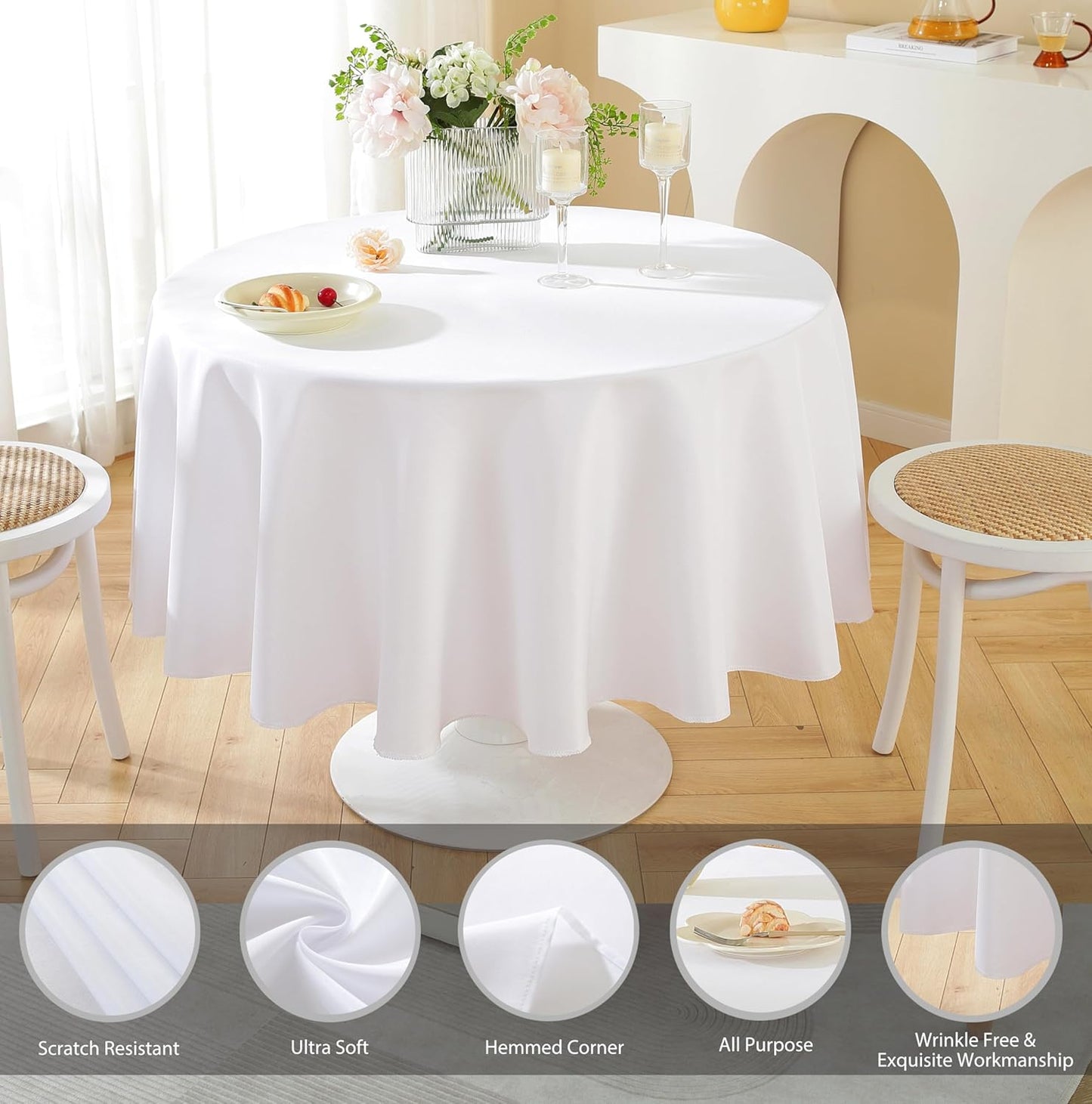 Craft And Party Round Tablecloth, 90 Inch White Tablecloth, Polyester Fabric Washable Table Cloth for Home, Party, Wedding or Restaurant Use.