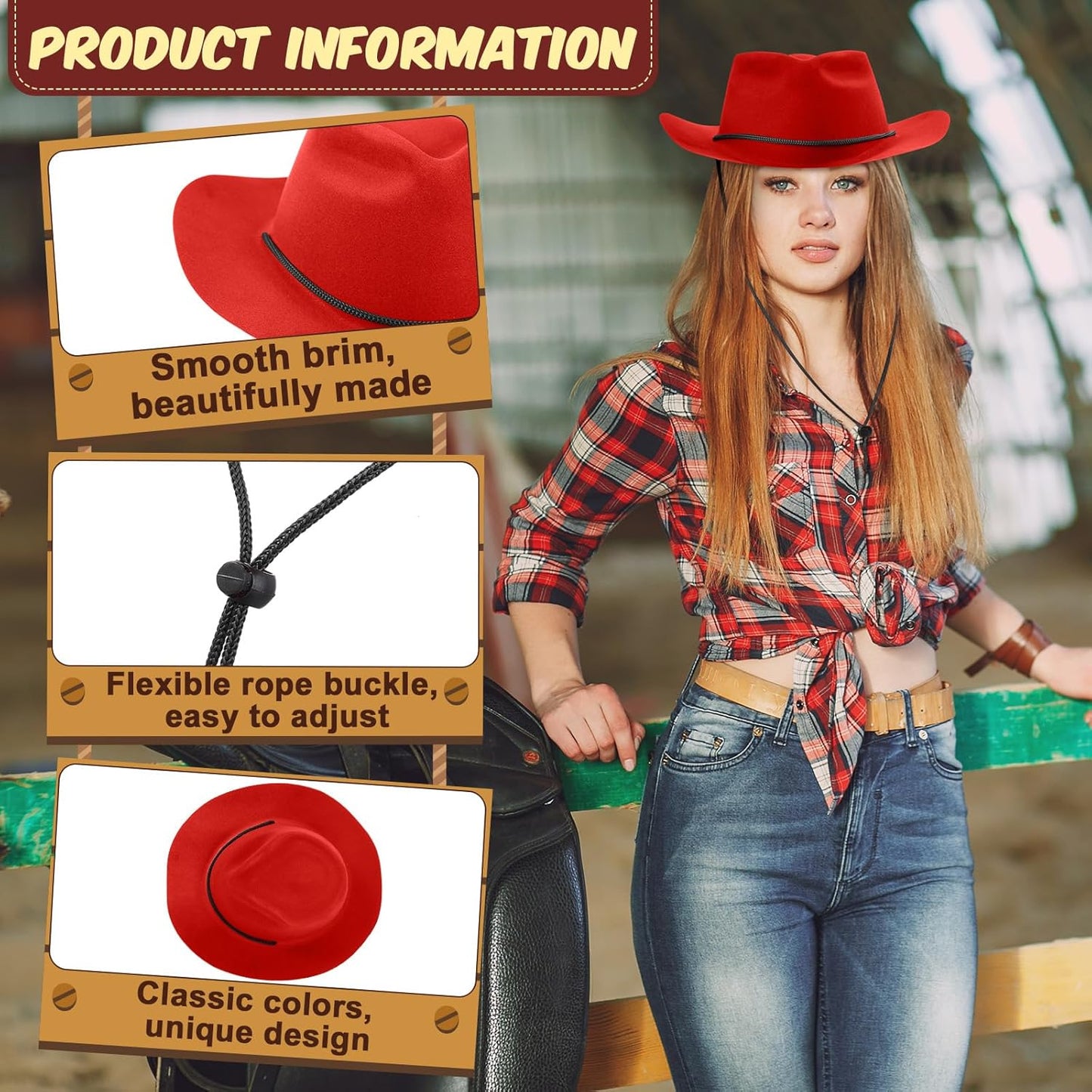 Mepase 24 Pieces Disposable Plastic Western Cowboy Hat Set Felt Wide Brimmed Cowgirl Hats for Men Women Costume Party(Red)