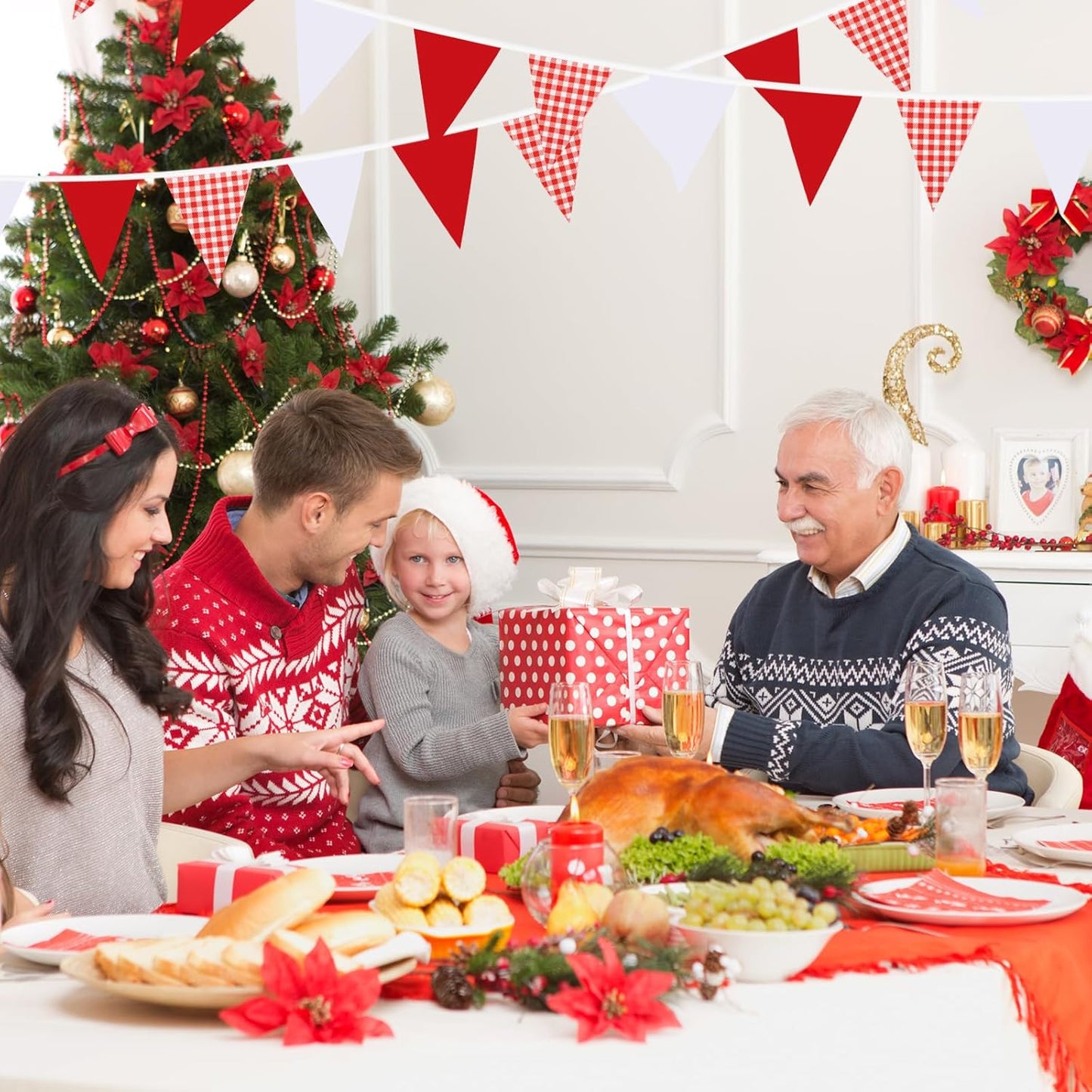 Red Plaid Checkered White Pennant Banner Flag Triangle Bunting Garland Decorations for Wedding Birthday Carnival Christmas Outdoor Home Festivals 33Feet 30 Pcs