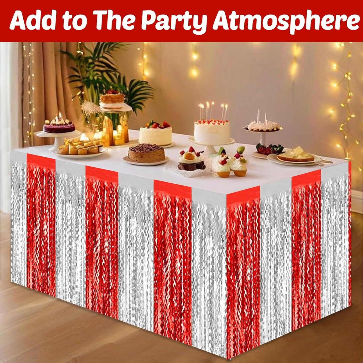 6 Pack 29x108 Inch Red Silver Wave Foil Fringe Table Skirts Metallic Banner for Tinsel Streamer Garland Backdrop for Parade Floats Wedding, Mother's Day, Birthday Mardi Gras Party Decorations