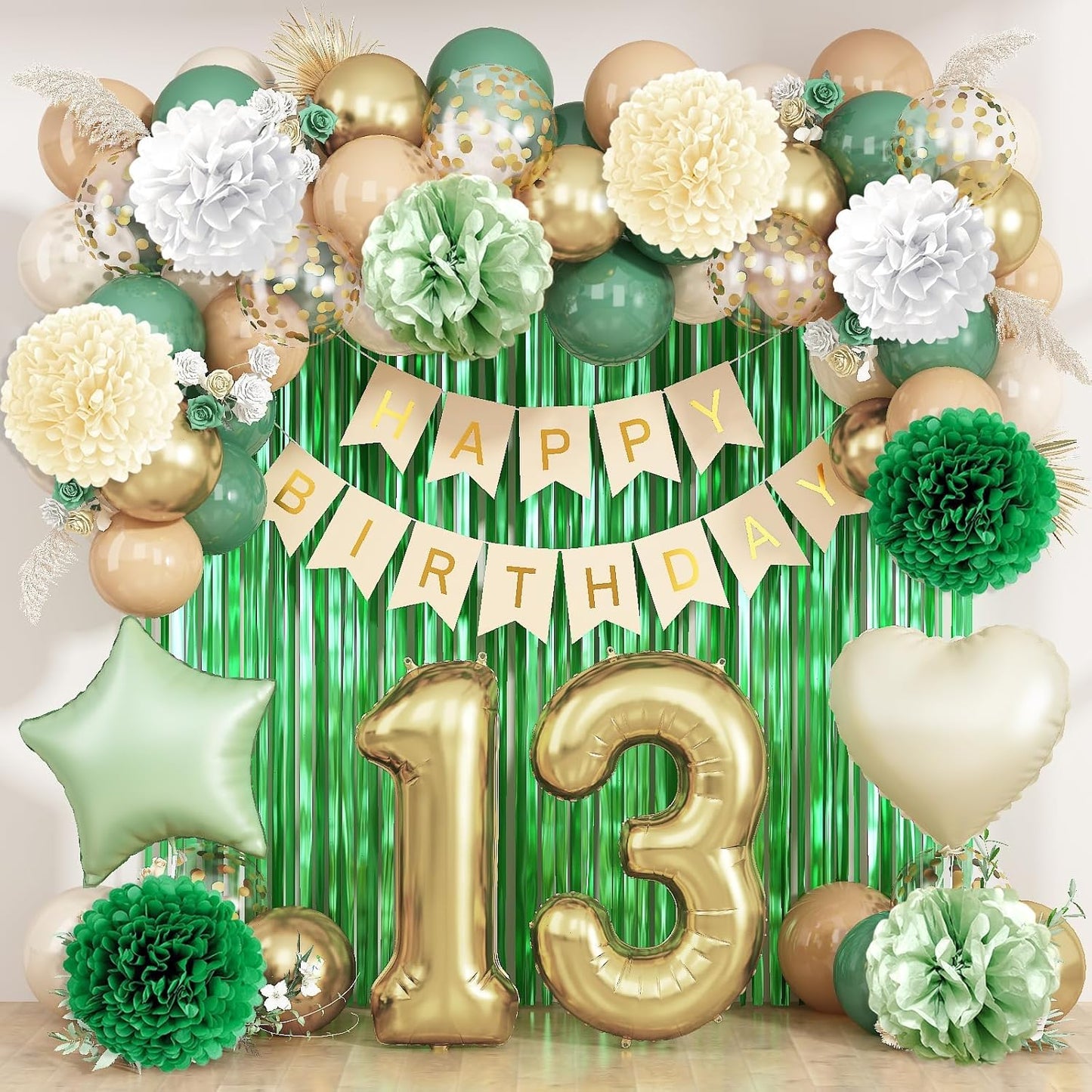 Sage Green 13th Birthday Decorations for Boys Girls Gold Number 13 Balloon Nude Gold Happy Birthday Banner Fringe Curtain Paper Pom Poms Olive Green Cream White Sand Star Foil Balloons Party Decor