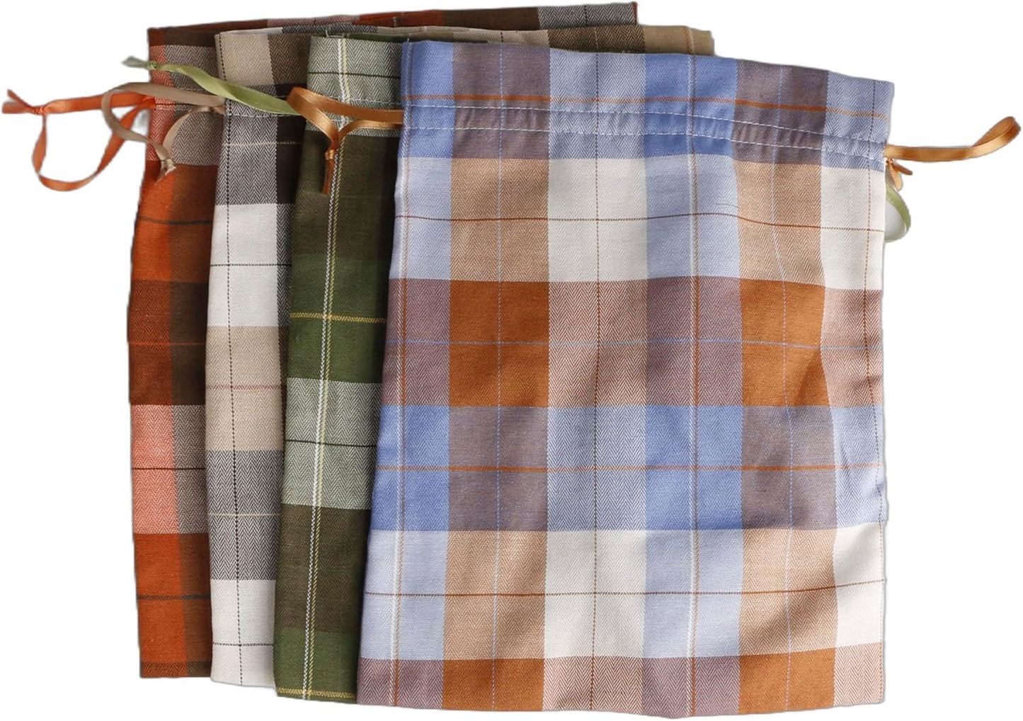 Large Fall Burlap Bags with Drawstrings - Orange Buffalo Plaid, Sage Green Gingham - Reusable Brown Pouch for Thanksgiving Party Gift Wrapping Goodies (4 colors, 6x8 inch)